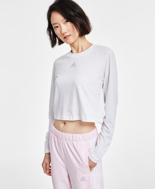 Adidas Women's Y2K Glam Embellished Logo Cropped Long Sleeve T-Shirt - White