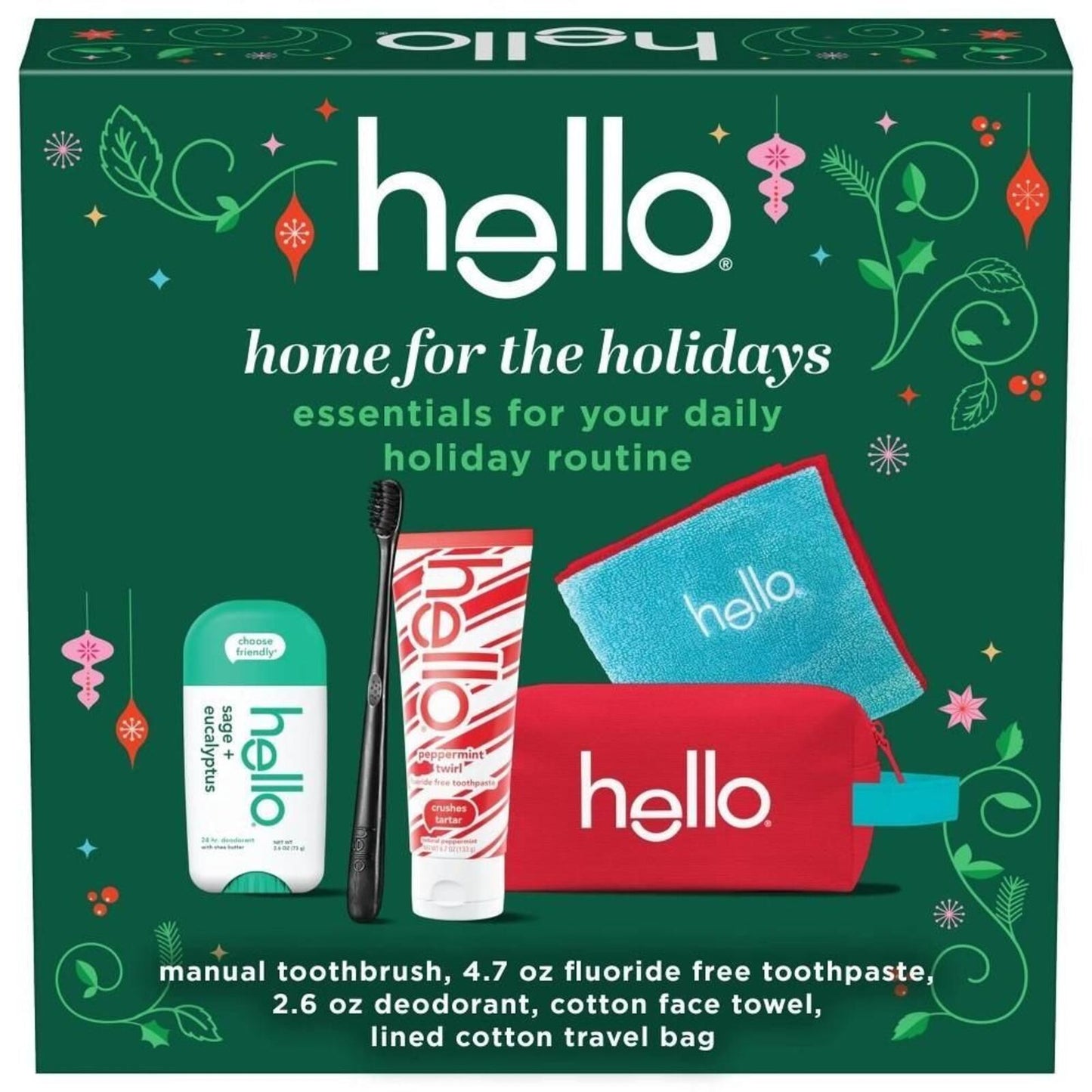 Hello Holiday Home for the Holidays Fluoride-Free Toothpaste and Aluminum Free Deodorant Travel Toiletry Bag Kit - 5pc