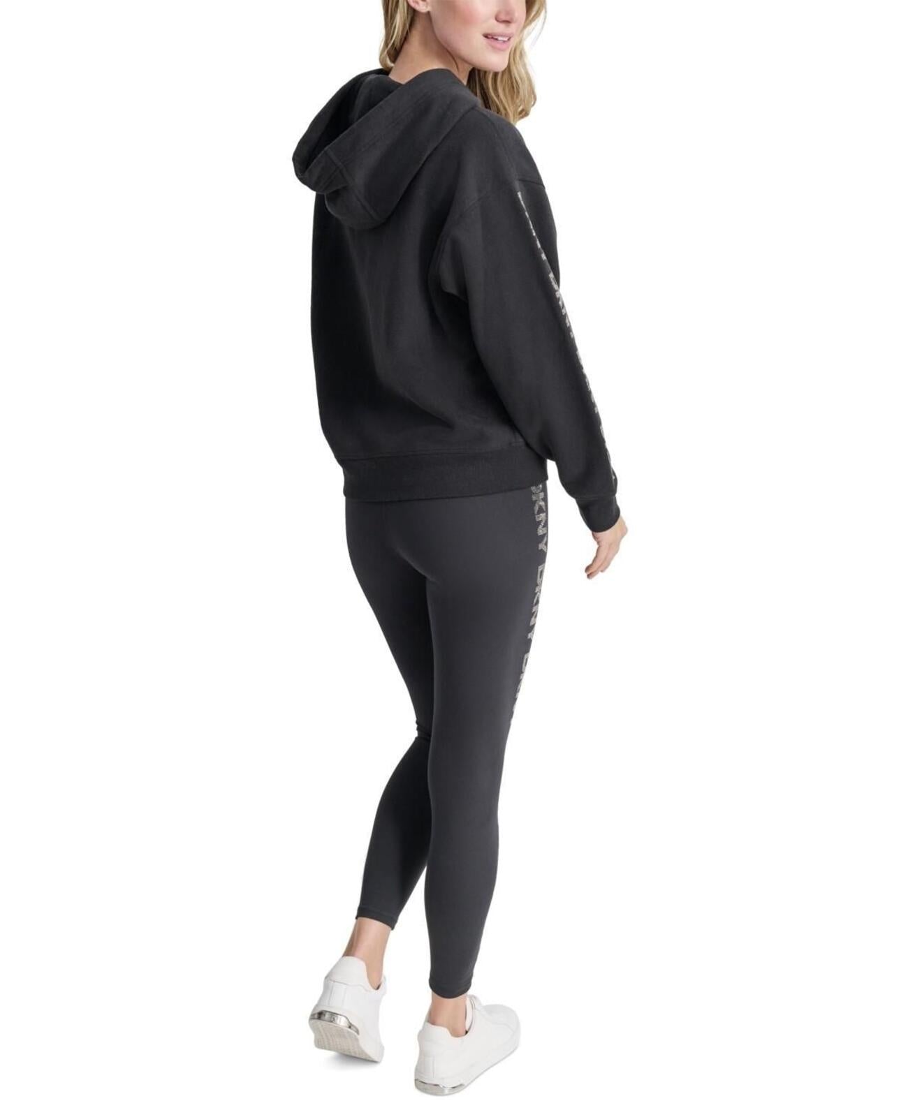 Dkny Sport Women's Rhinestone Logo Fleece Hoodie - Black/Gunmetal