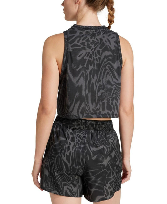 Adidas Women Printed Climacool Cropped Tank Top - Black Gray Swirl - L