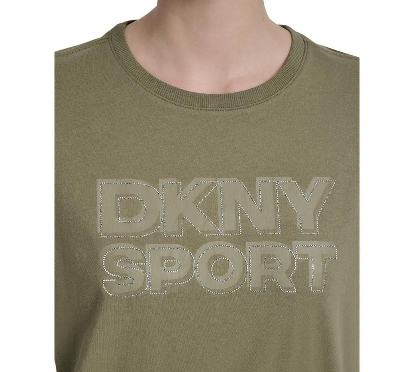 Dkny Sports Women's Rhinestone-Logo Drop-Shoulder T-Shirt - Utility Green