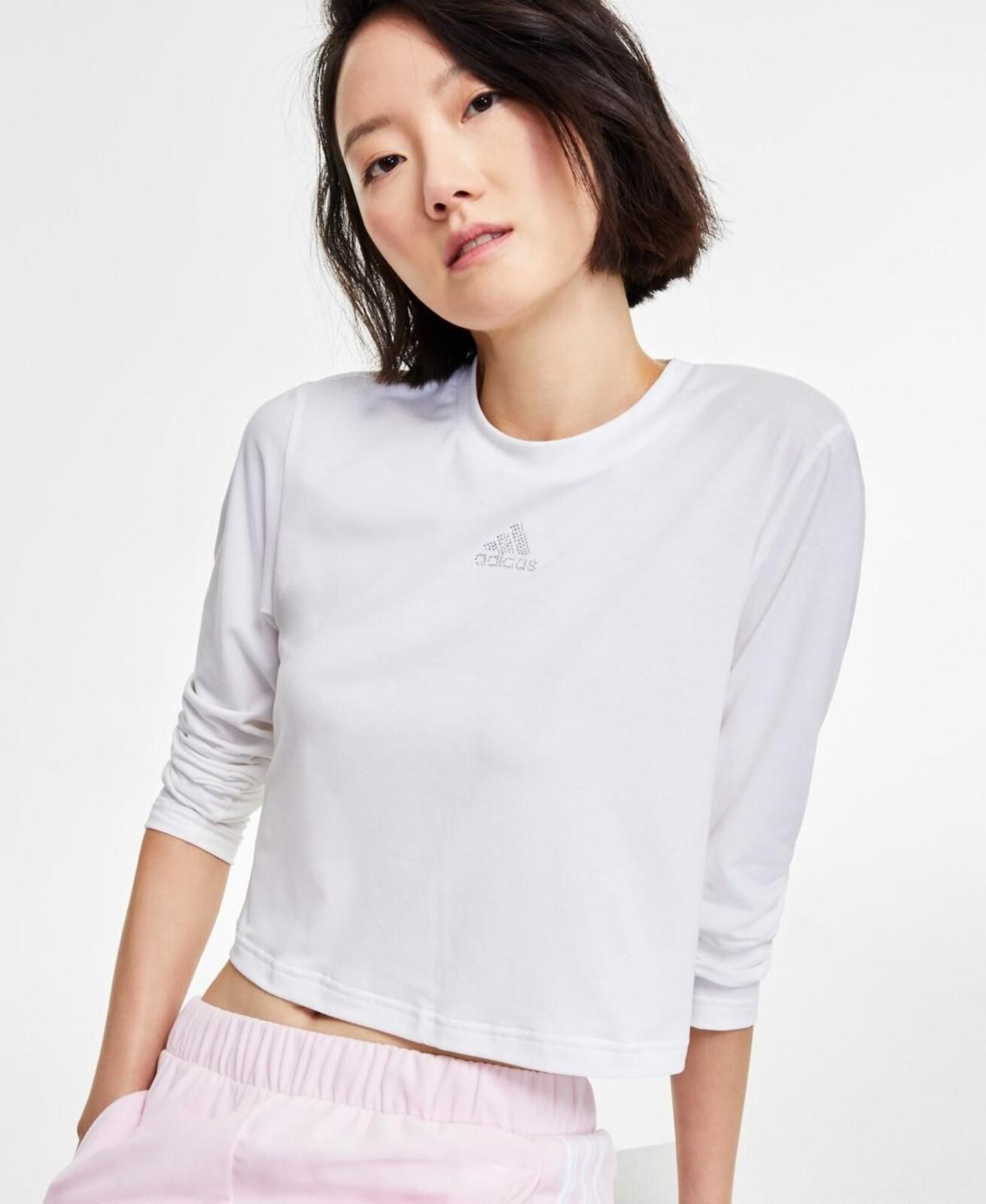 Adidas Women's Y2K Glam Embellished Logo Cropped Long Sleeve T-Shirt - White