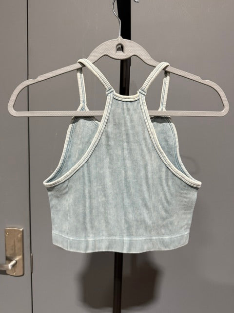 Zenana Ribbed Cropped Racerback Tank Top, Blue Grey #6167X