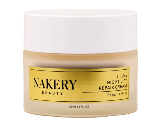 Nakery Beauty LIFT-TOX Night Lift Repair Restore Cream in a jar with a gold label, 2 oz size.