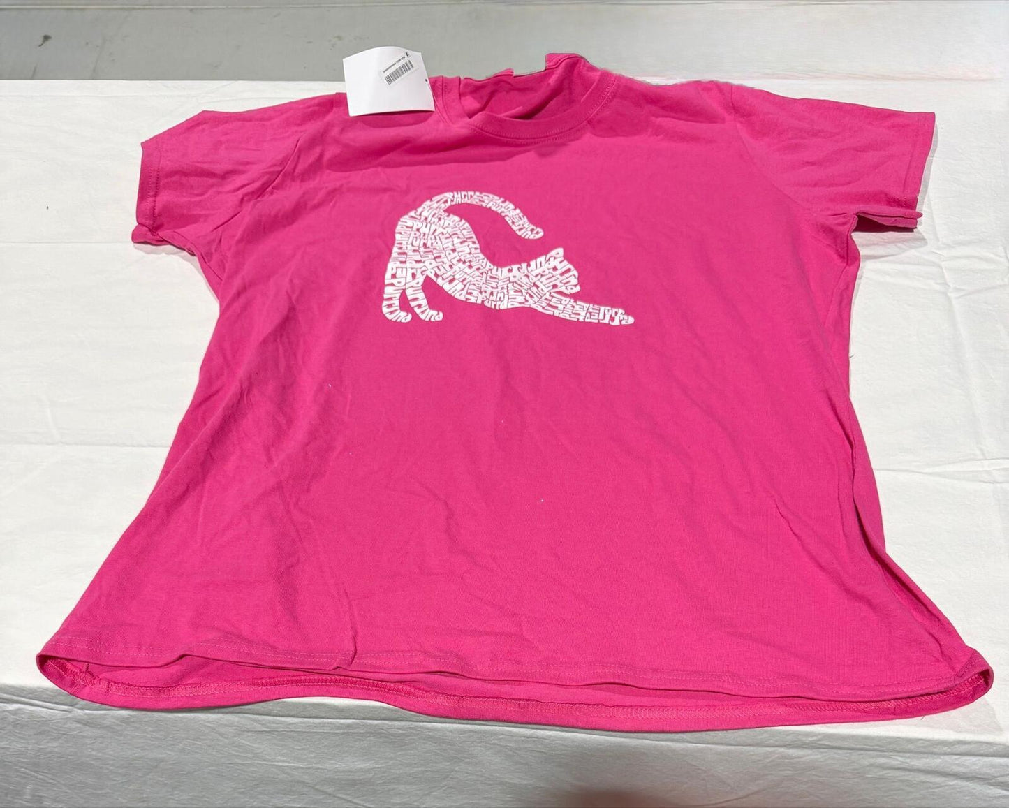 LA Pop Art Women's Stretching Cat Word Art T-Shirt in pink.