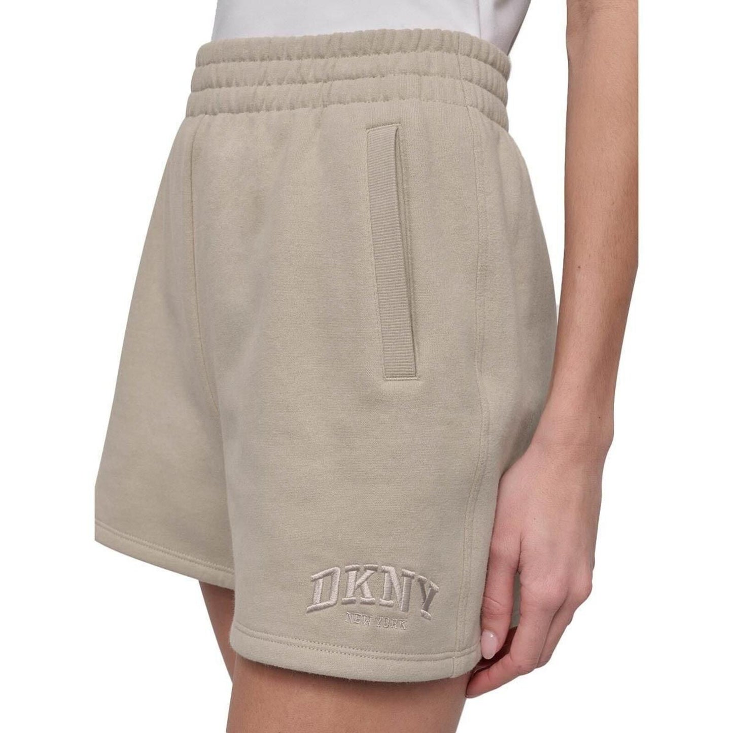 Dkny Sport Women's Varsity Embroidered Logo Smocked 4" Shorts - Pebble