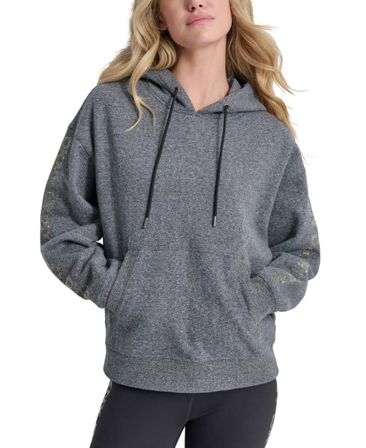 Dkny Sport Women's Rhinestone Logo Fleece Hoodie - Black Heather