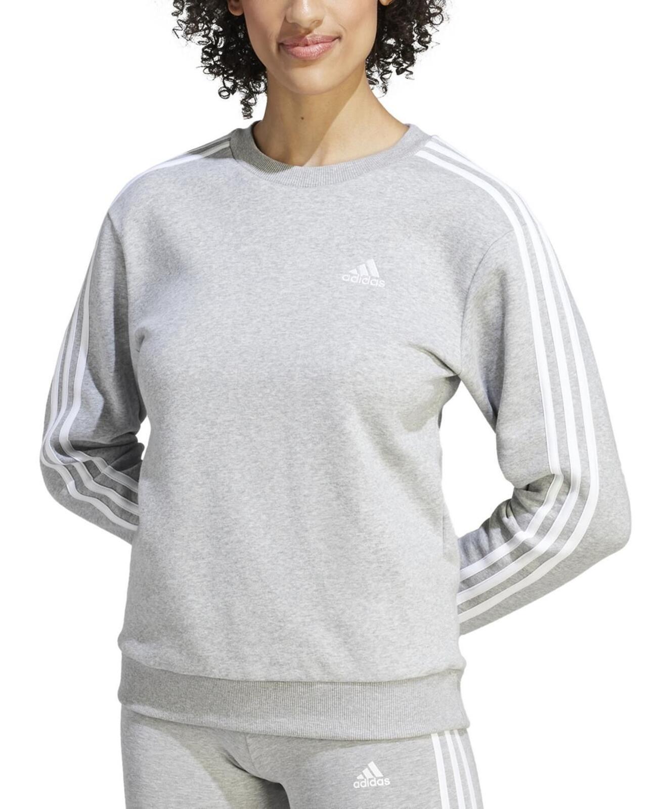 Adidas Women's 3-Stripe Cotton Fleece Crewneck Sweatshirt - Medium - Grey Heather/white