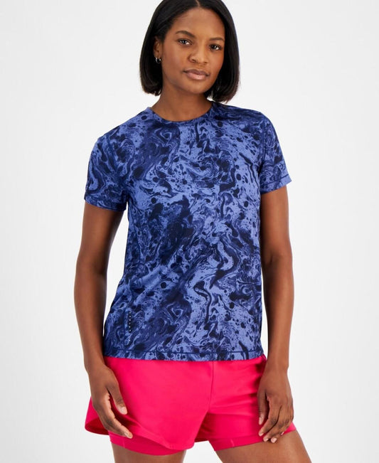 ID Ideology Women's Water-Bubbles Jacquard Mesh Short-Sleeve Top - Chambray Blue