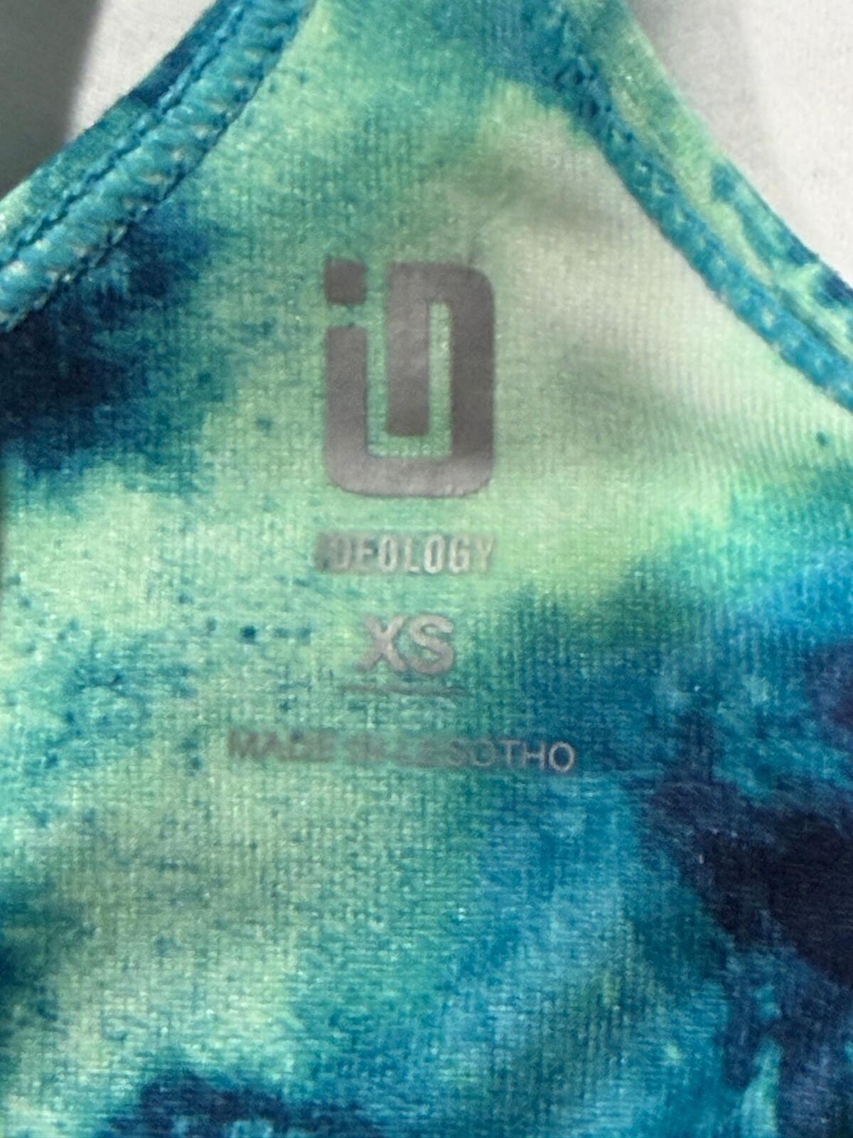 Ideology Low-Impact Strappy-Back Sports Bra in a green and blue tie-dye print