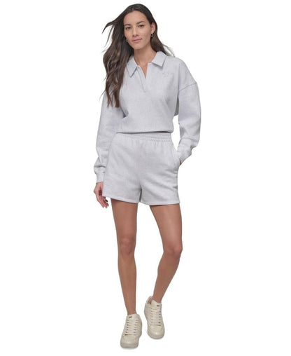 Dkny Sport Women's Varsity Embroidered Logo Smocked 4" Shorts - Optic Heather