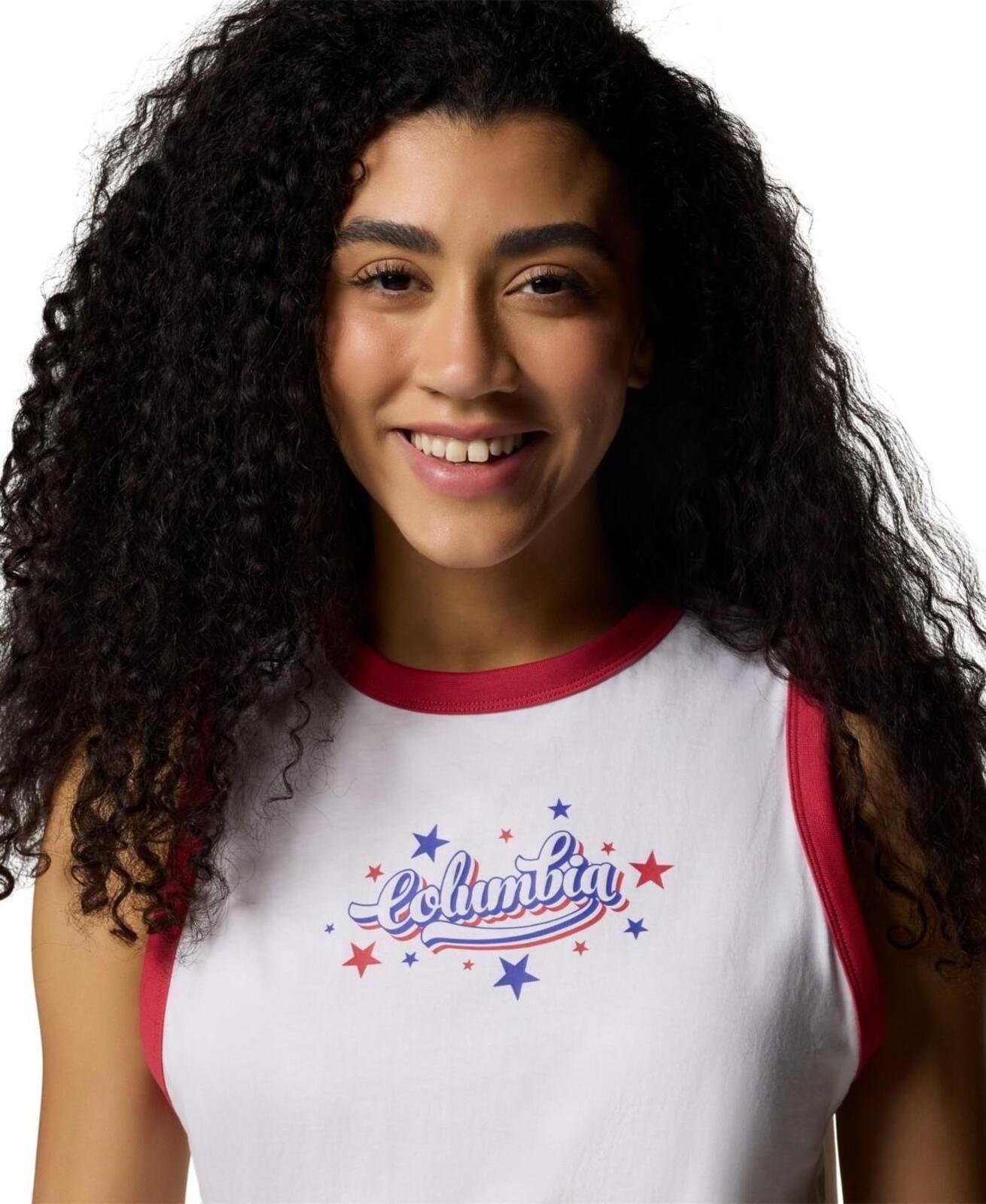 Columbia Women's Rolling Bend Graphic Ringer Tank Top - White, Elevated Patriot