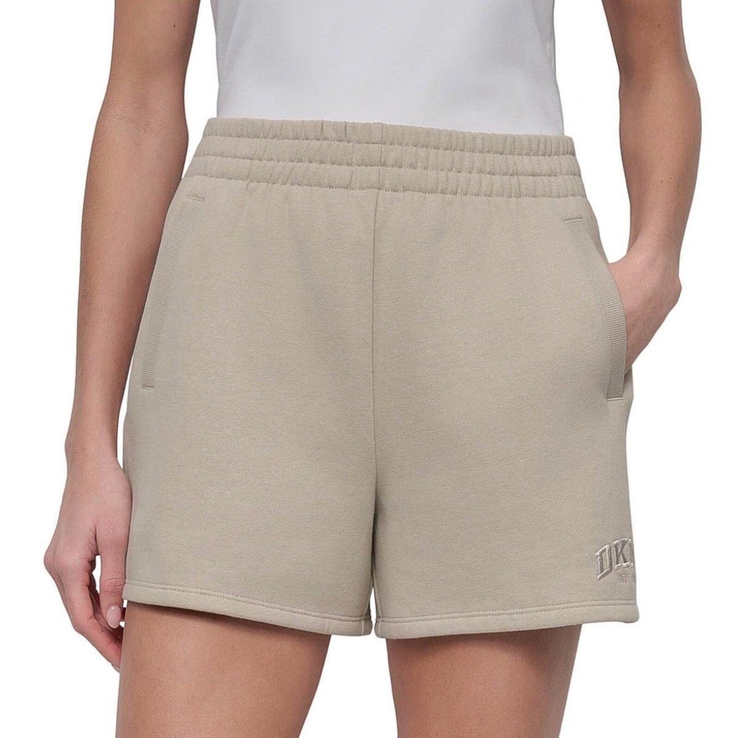 Dkny Sport Women's Varsity Embroidered Logo Smocked 4" Shorts - Pebble