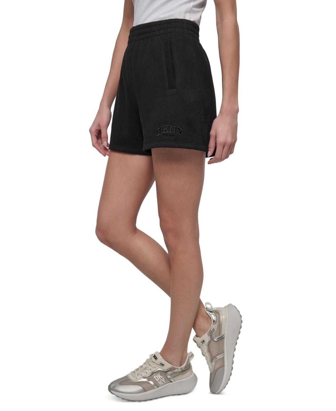 Dkny Sport Women's Varsity Embroidered Logo Smocked 4" Shorts - Black