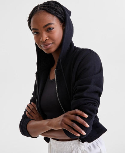 ID Ideology Women's Cropped Full-Zip Knit Hoodie - Deep Black