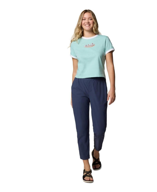 Columbia Women's Rolling Bend Graphic Ringer Top - Spray, Elevated Script