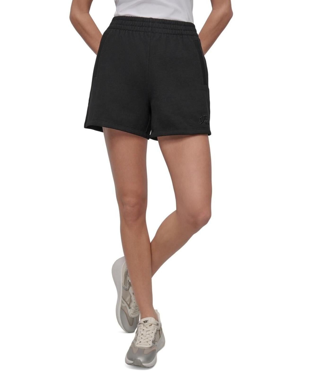 Dkny Sport Women's Varsity Embroidered Logo Smocked 4" Shorts - Black