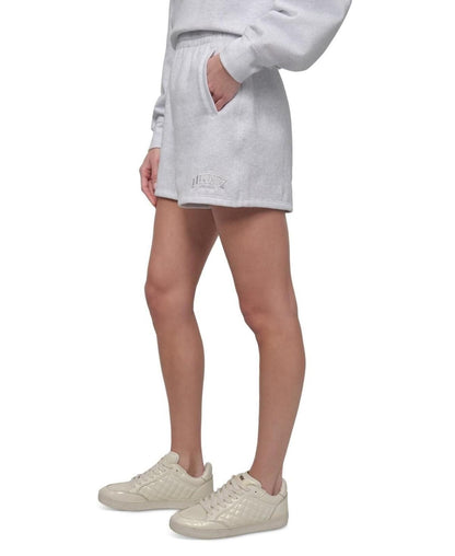 Dkny Sport Women's Varsity Embroidered Logo Smocked 4" Shorts - Optic Heather