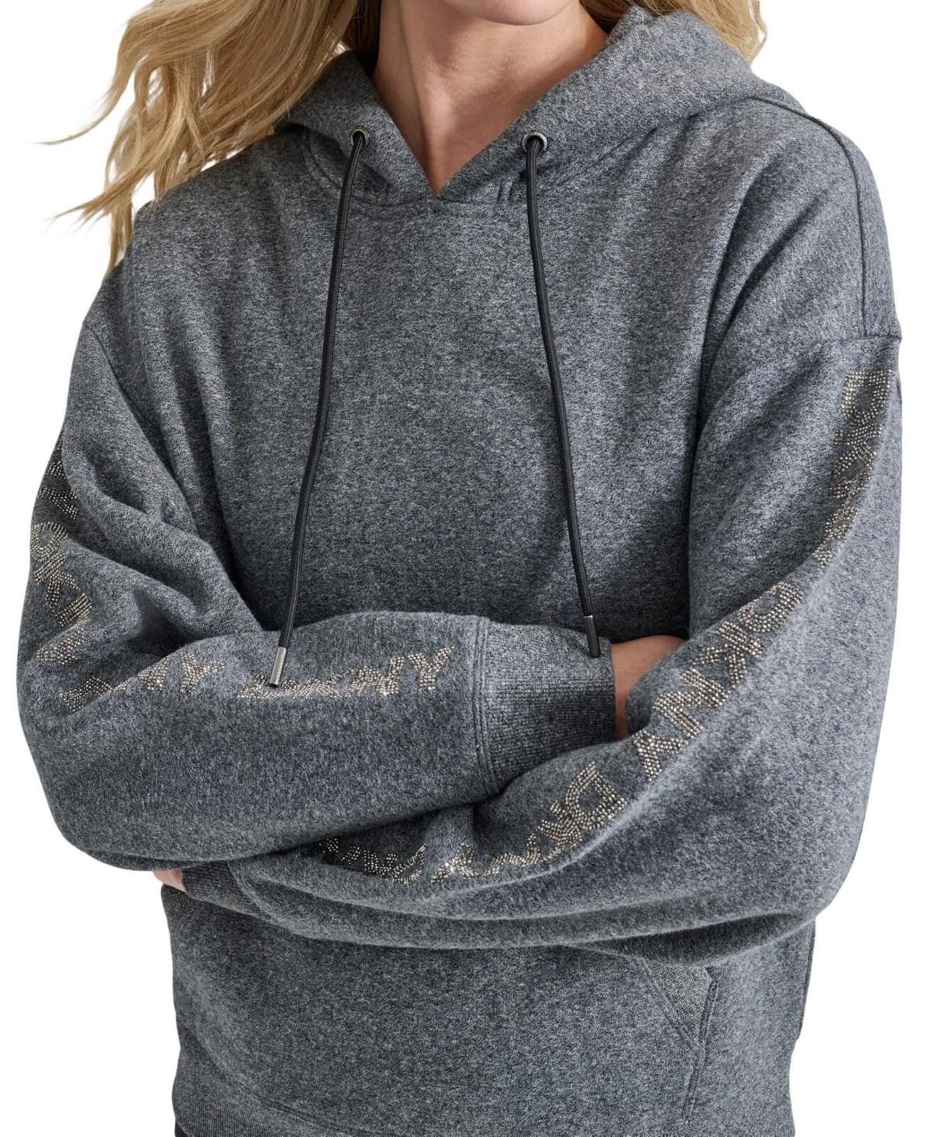 Dkny Sport Women's Rhinestone Logo Fleece Hoodie - Black Heather