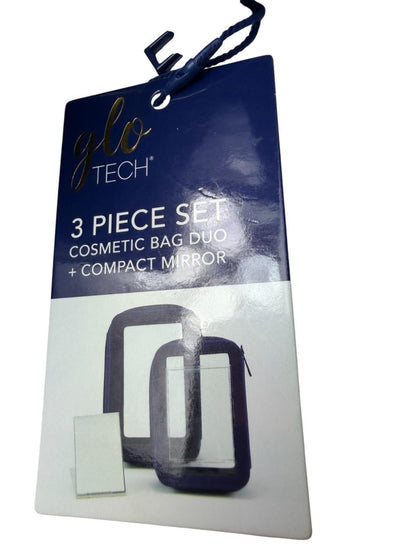Glo Tech 3 Piece Set Cosmetic Bag Duo Compact Mirror Travel Organizer Navy Blue