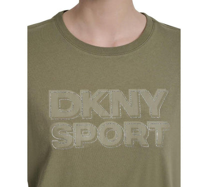 Dkny Sports Women's Rhinestone-Logo Drop-Shoulder T-Shirt - Utility Green