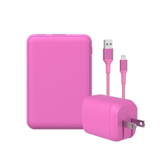GEMS USB-A to Lightning Charging Gift Set with 5000MmAh Power Bank, Cable, and Wall Charger - Soft Pink