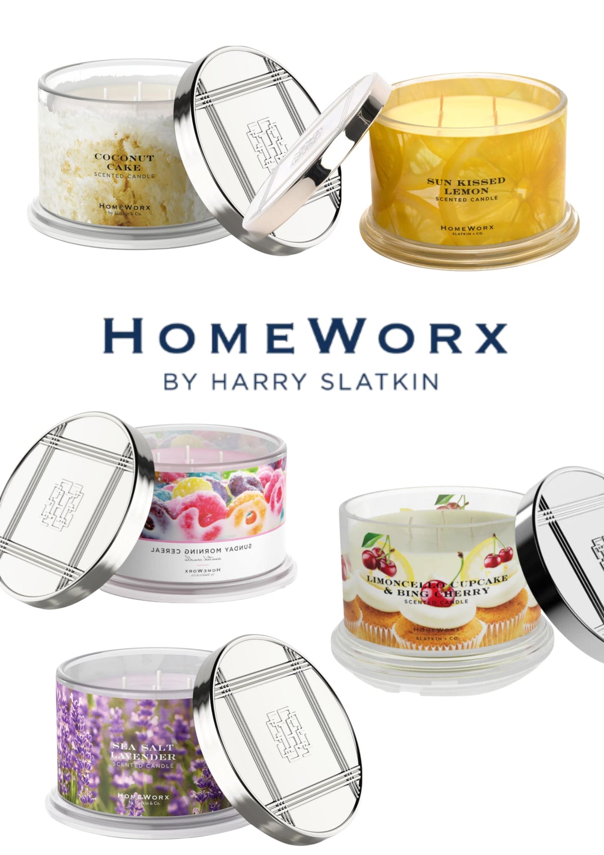 HomeWorx by Slatkin + Co. 4-wick candle collection featuring various scents in glass containers.
