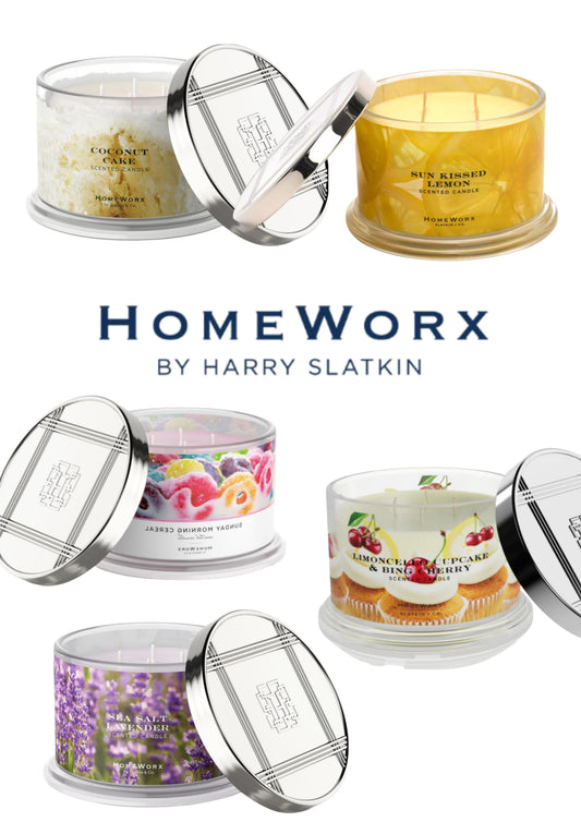 HomeWorx by Slatkin + Co. 4-wick candle collection featuring various scents in glass containers.