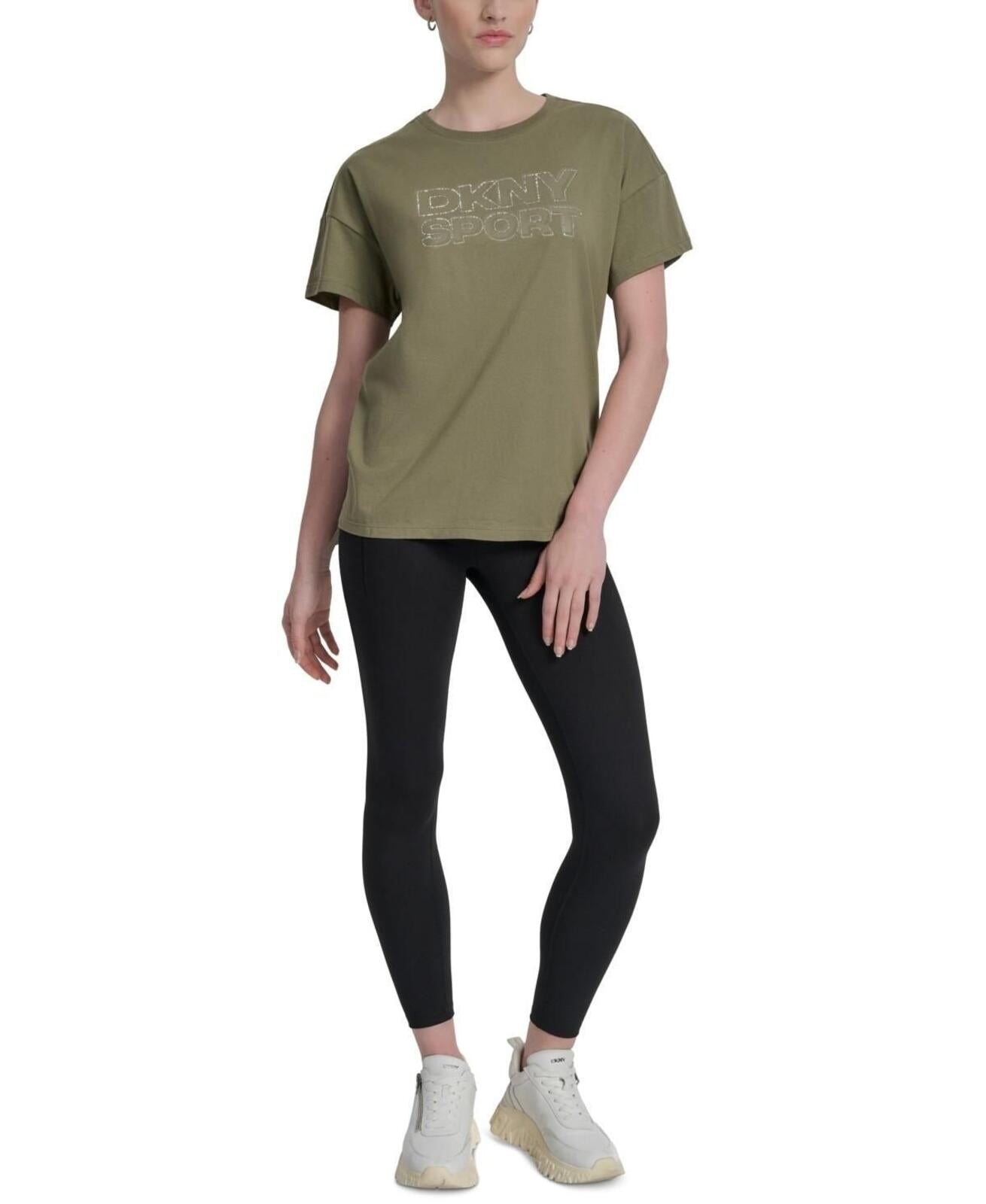 Dkny Sports Women's Rhinestone-Logo Drop-Shoulder T-Shirt - Utility Green