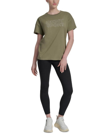 Dkny Sports Women's Rhinestone-Logo Drop-Shoulder T-Shirt - Utility Green