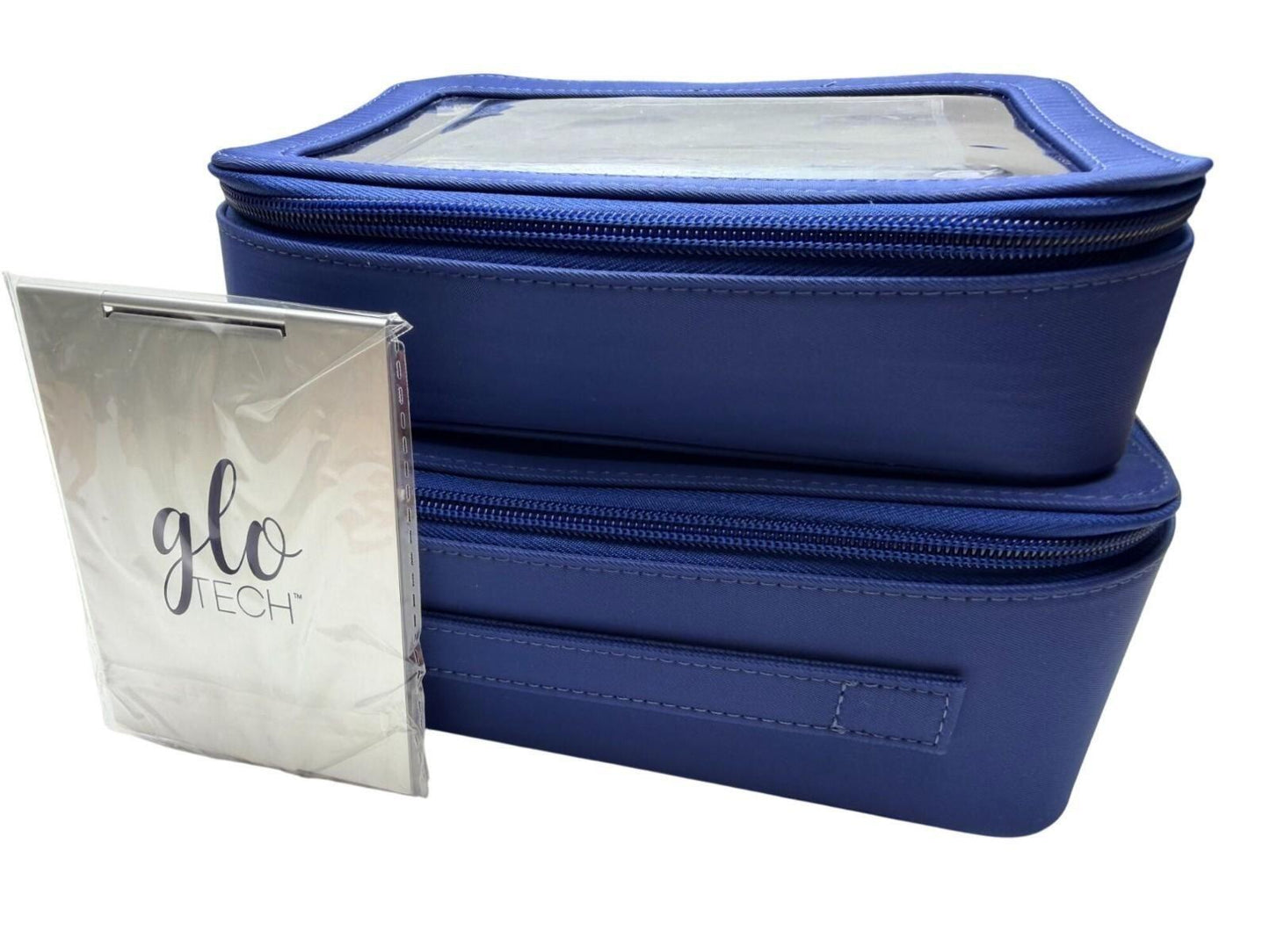 Glo Tech 3 Piece Set Cosmetic Bag Duo Compact Mirror Travel Organizer Navy Blue