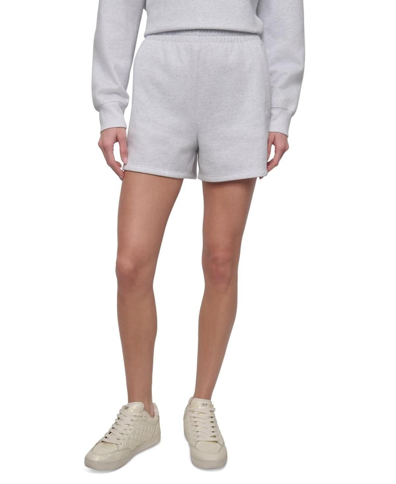 Dkny Sport Women's Varsity Embroidered Logo Smocked 4" Shorts - Optic Heather