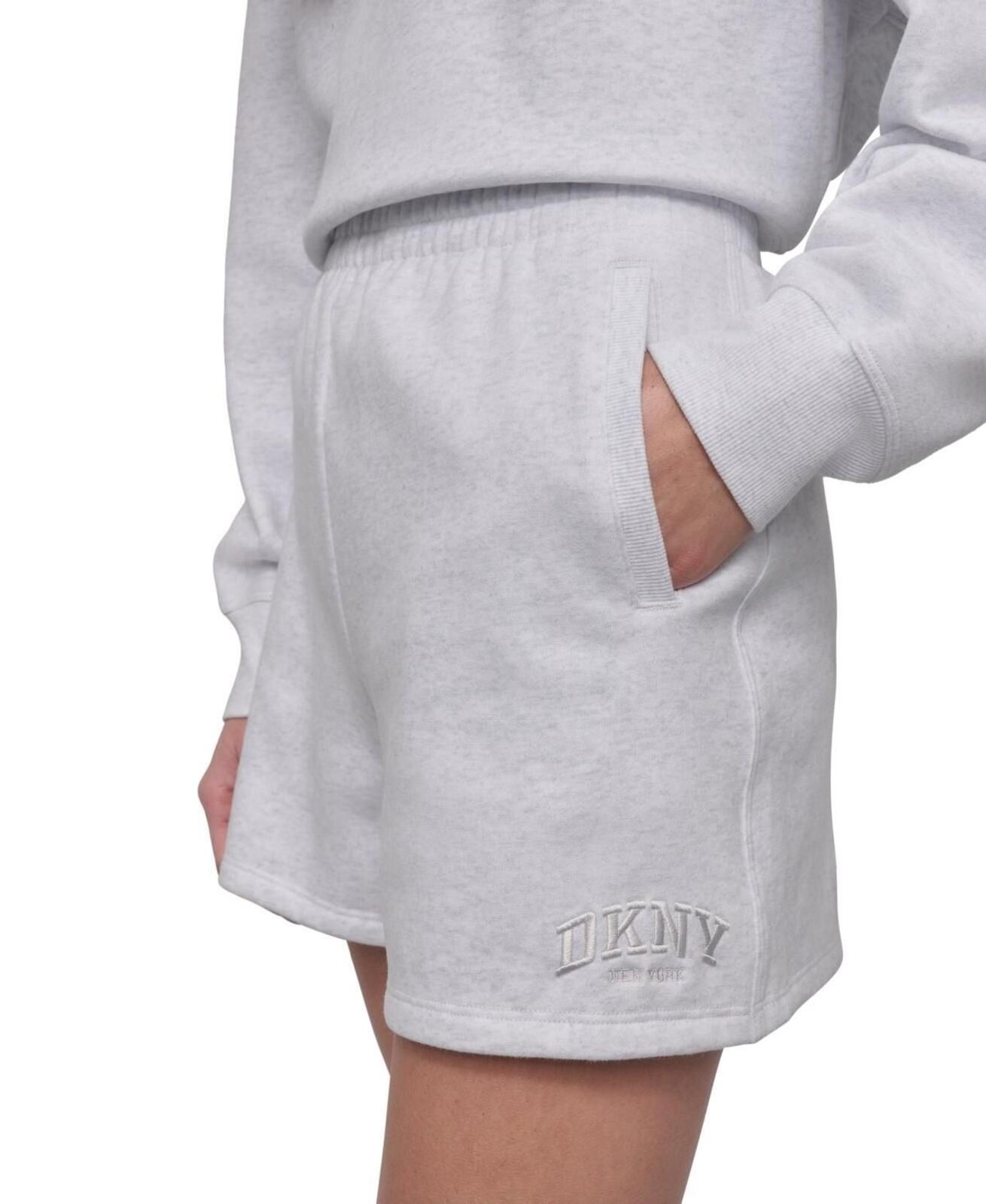 Dkny Sport Women's Varsity Embroidered Logo Smocked 4" Shorts - Optic Heather
