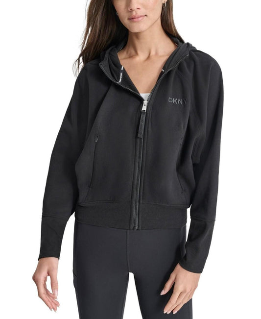 Dkny Women's Embroidered-Logo Cropped Zip-Front Fleece Hoodie - Black