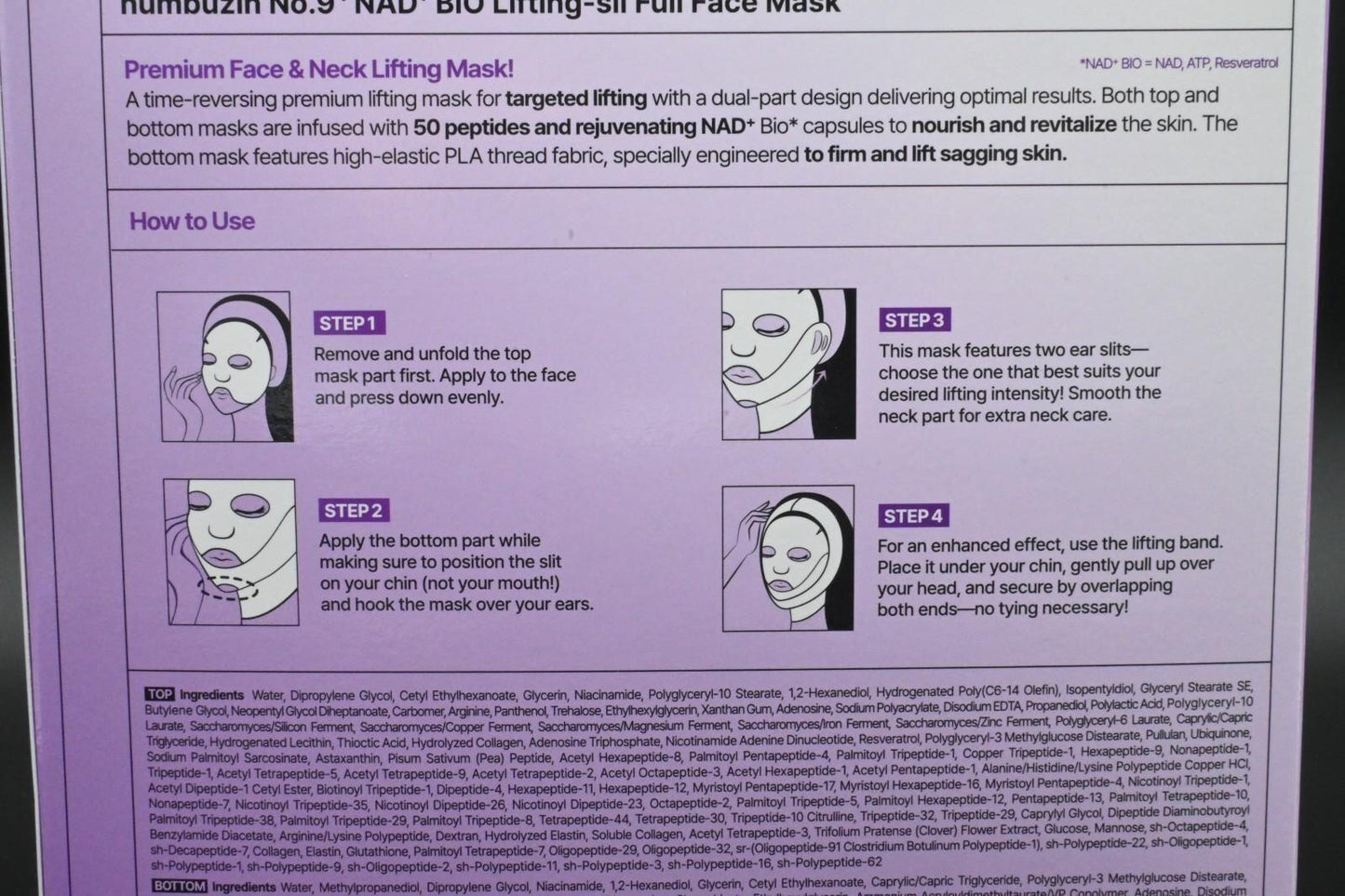 Numbuzin 9 NAD+ BIO Lifting-sil Full Face Mask Sheet 4 Masks - NEW