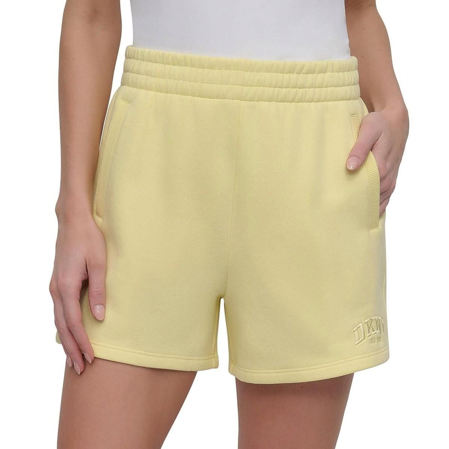 Dkny Sport Women's Varsity Embroidered Logo Smocked 4" Shorts - Citrus