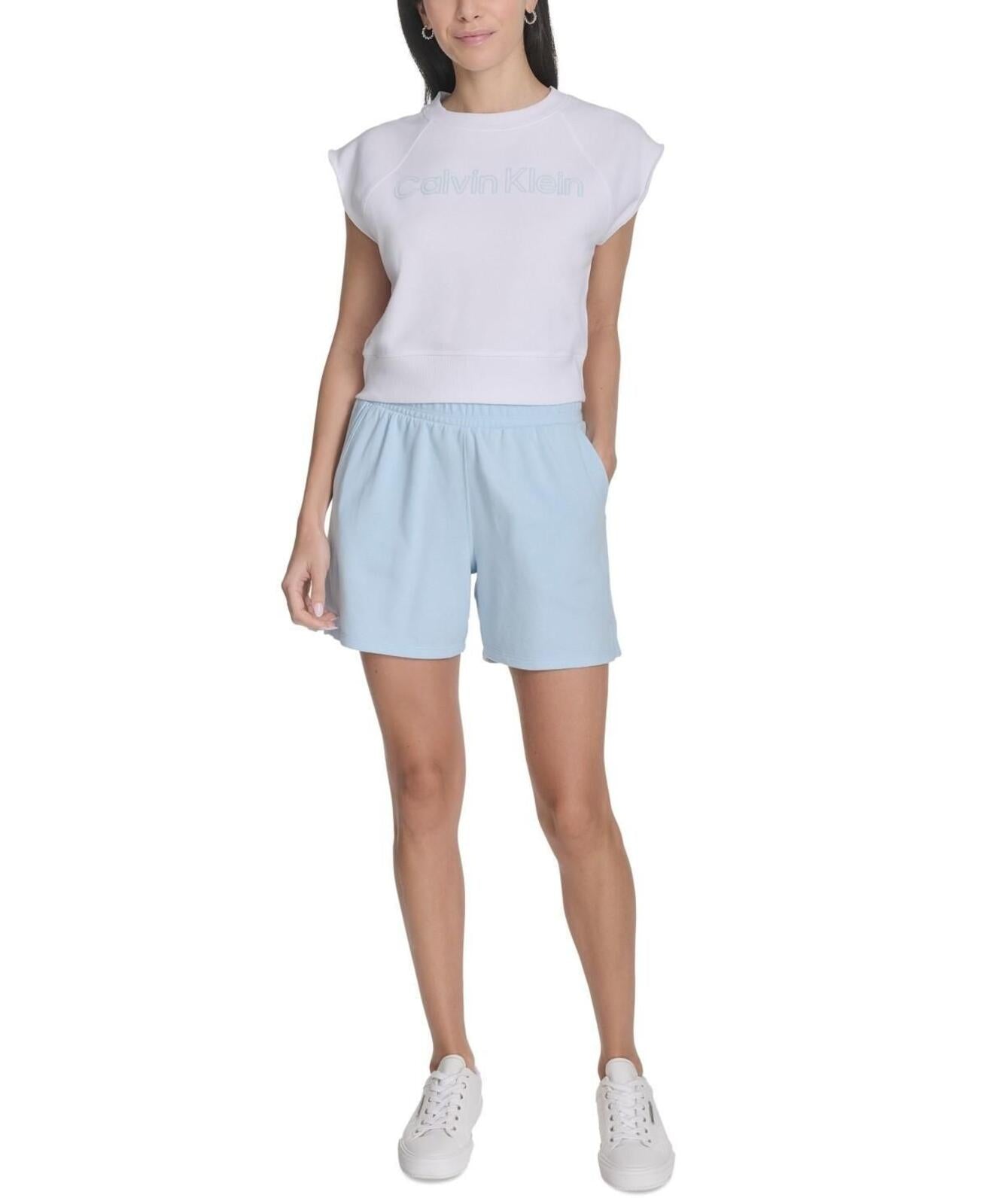 Calvin Klein Performance Women's Sleeveless Puff-Logo Cropped Top - White / Cool Blue