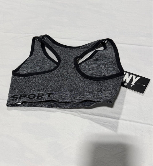 DKNY Sport Medium Impact Seamless Mesh-Back Sports Bra in a heathered grey and black colorway.