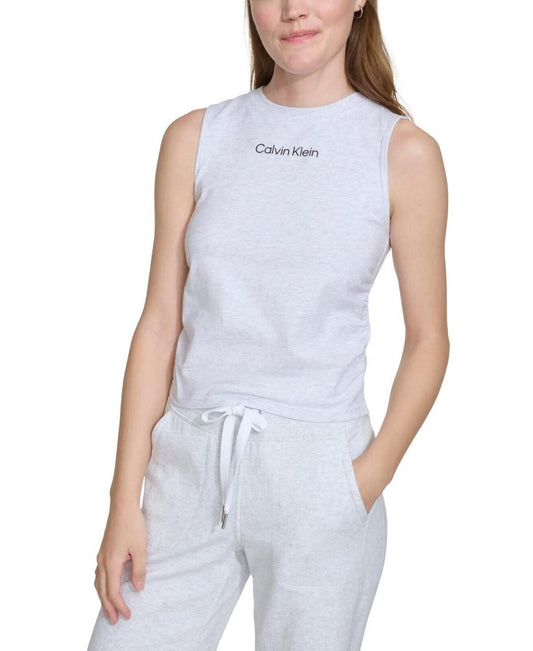 Calvin Klein Women's Ruched Crewneck Logo Tank Top - Optic Heather