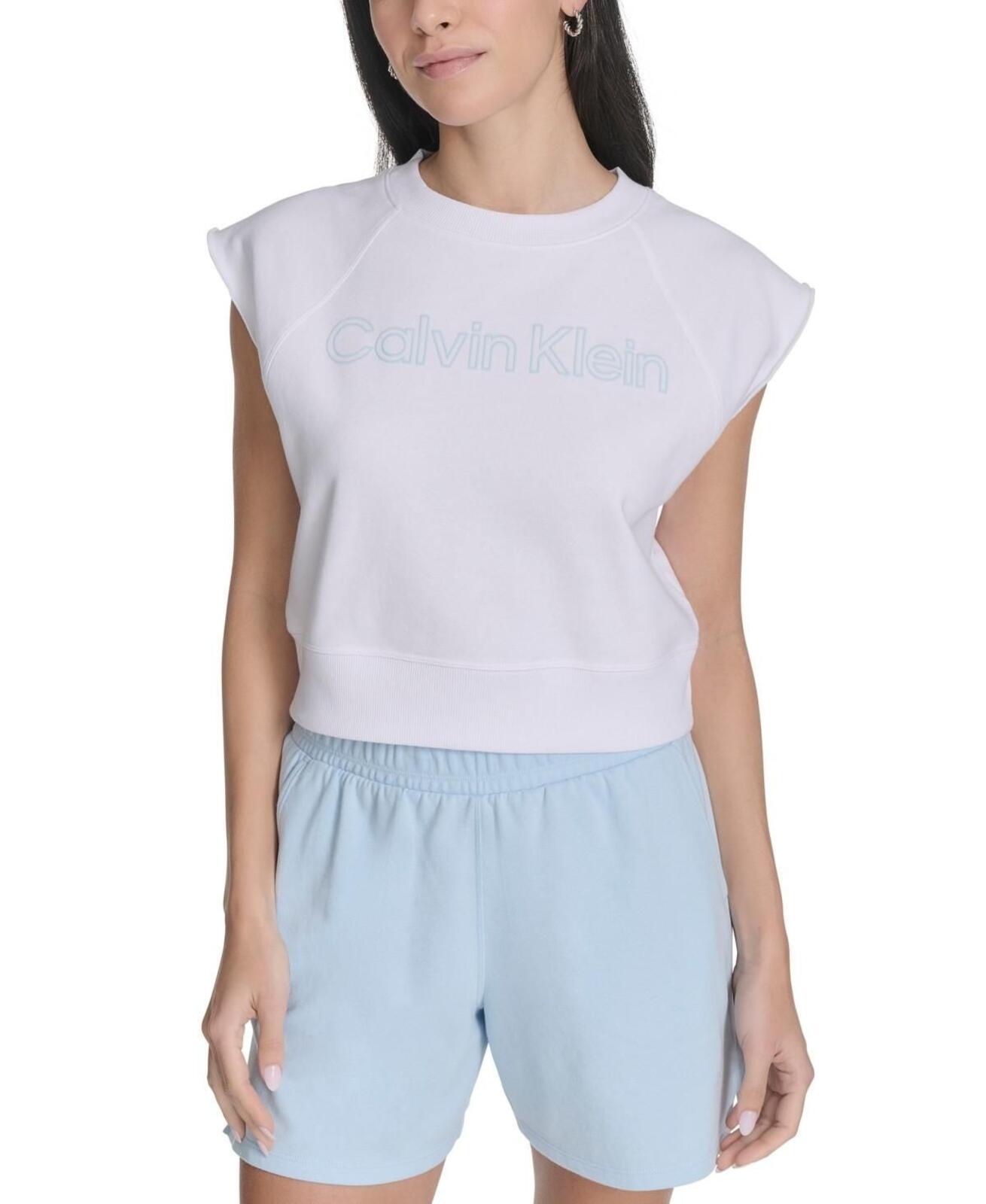 Calvin Klein Performance Women's Sleeveless Puff-Logo Cropped Top - White / Cool Blue