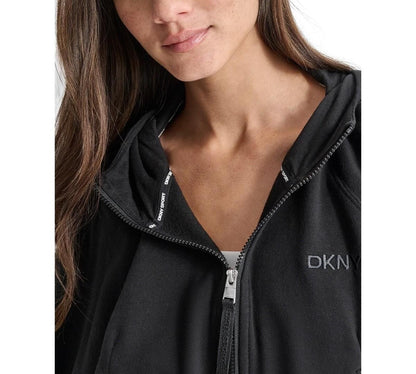 Dkny Women's Embroidered-Logo Cropped Zip-Front Fleece Hoodie - Black