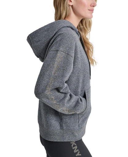 Dkny Sport Women's Rhinestone Logo Fleece Hoodie - Black Heather