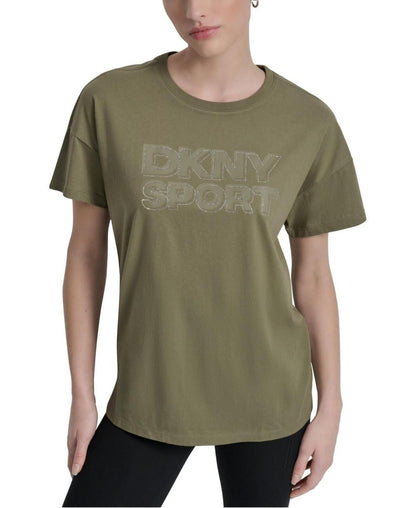 Dkny Sports Women's Rhinestone-Logo Drop-Shoulder T-Shirt - Utility Green