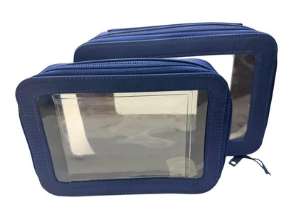 Glo Tech 3 Piece Set Cosmetic Bag Duo Compact Mirror Travel Organizer Navy Blue