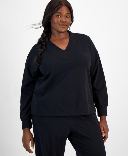 ID Ideology Plus Size V-Neck Fleece Sweatshirt - Deep Black