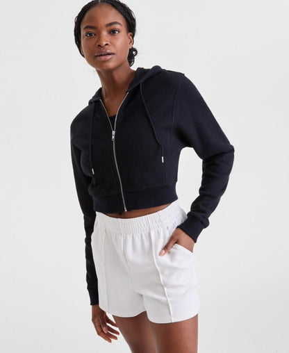 ID Ideology Women's Cropped Full-Zip Knit Hoodie - Deep Black