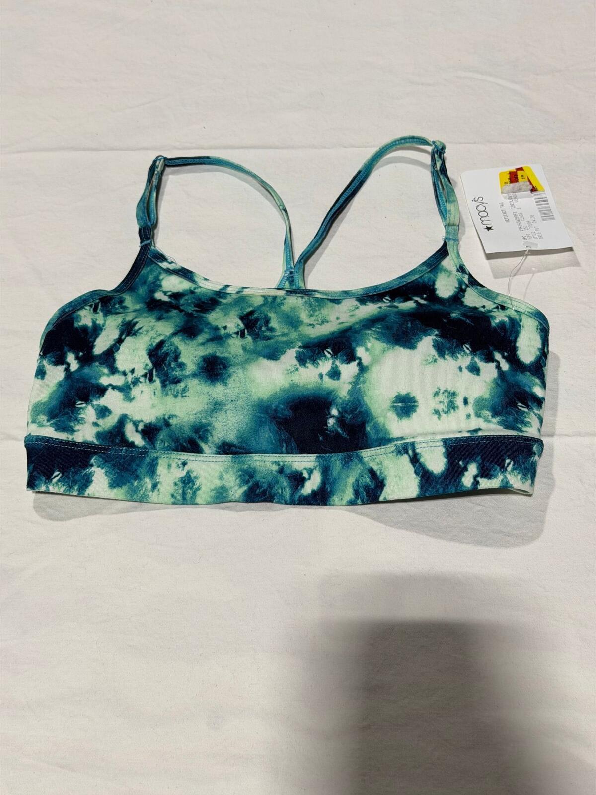 Ideology Low-Impact Strappy-Back Sports Bra in a green and blue tie-dye print