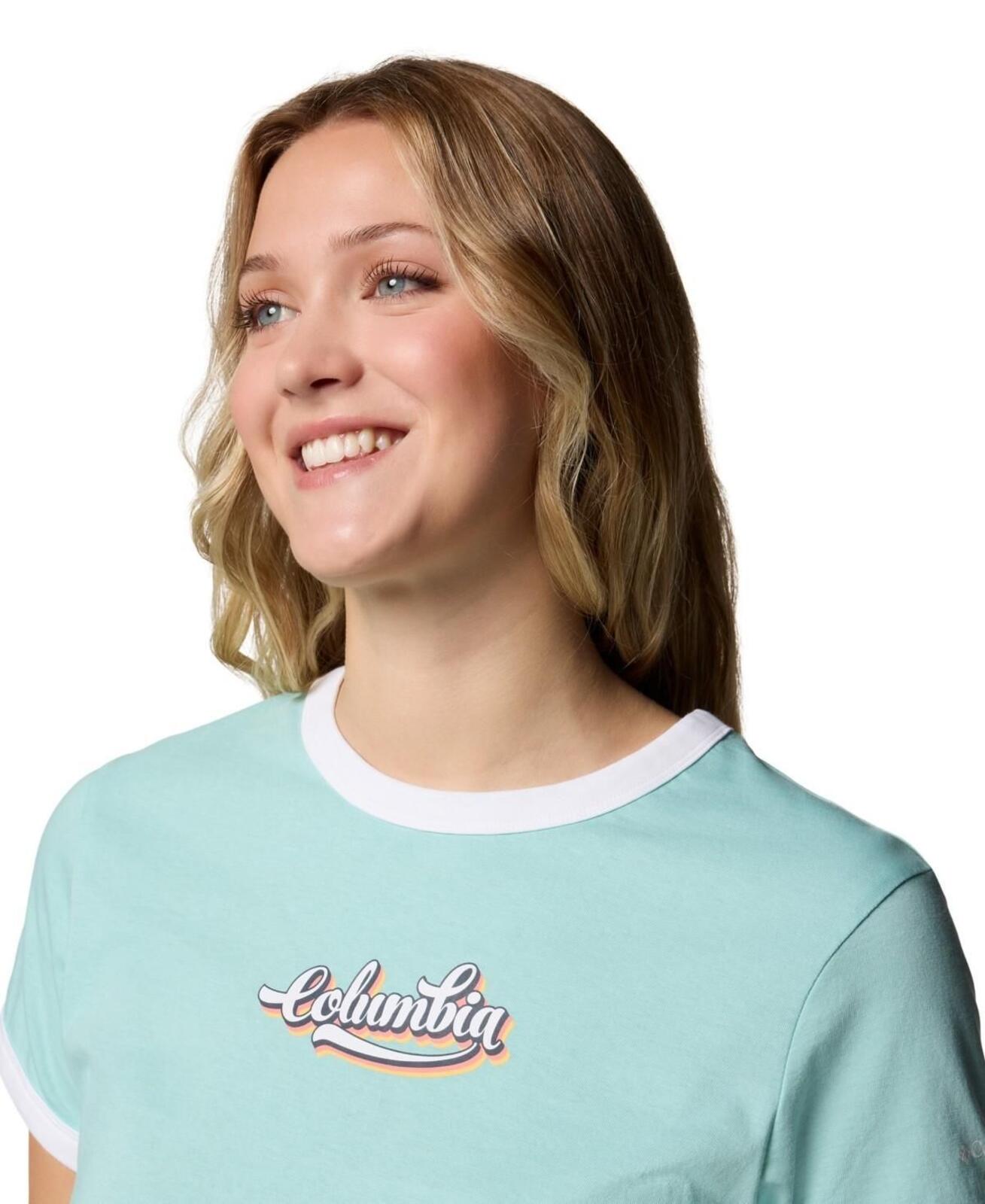 Columbia Women's Rolling Bend Graphic Ringer Top - Spray, Elevated Script