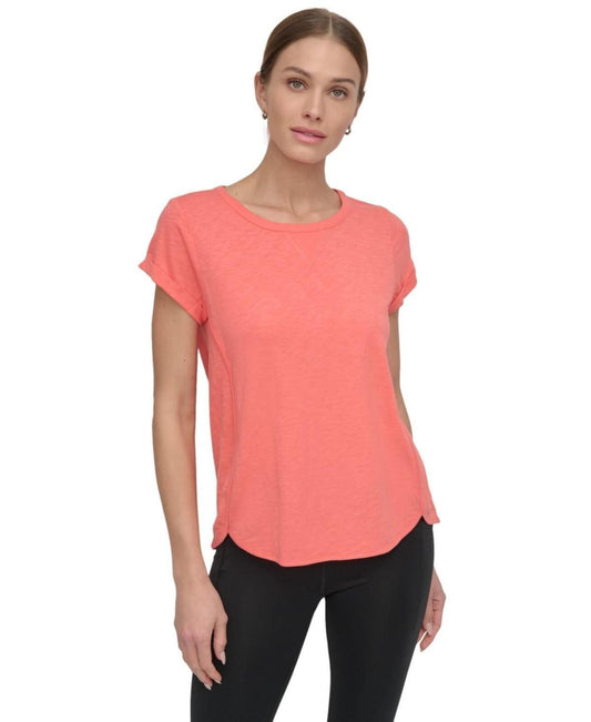 Dkny Sport Women's V-Inset Roll-Sleeve T-Shirt - Coral Crush