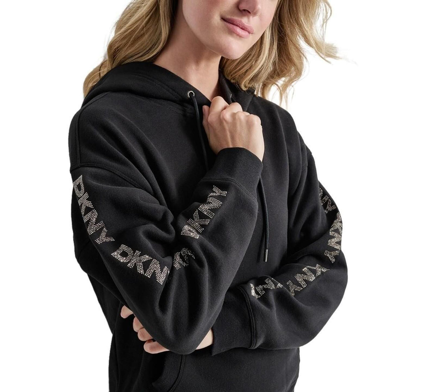 Dkny Sport Women's Rhinestone Logo Fleece Hoodie - Black/Gunmetal